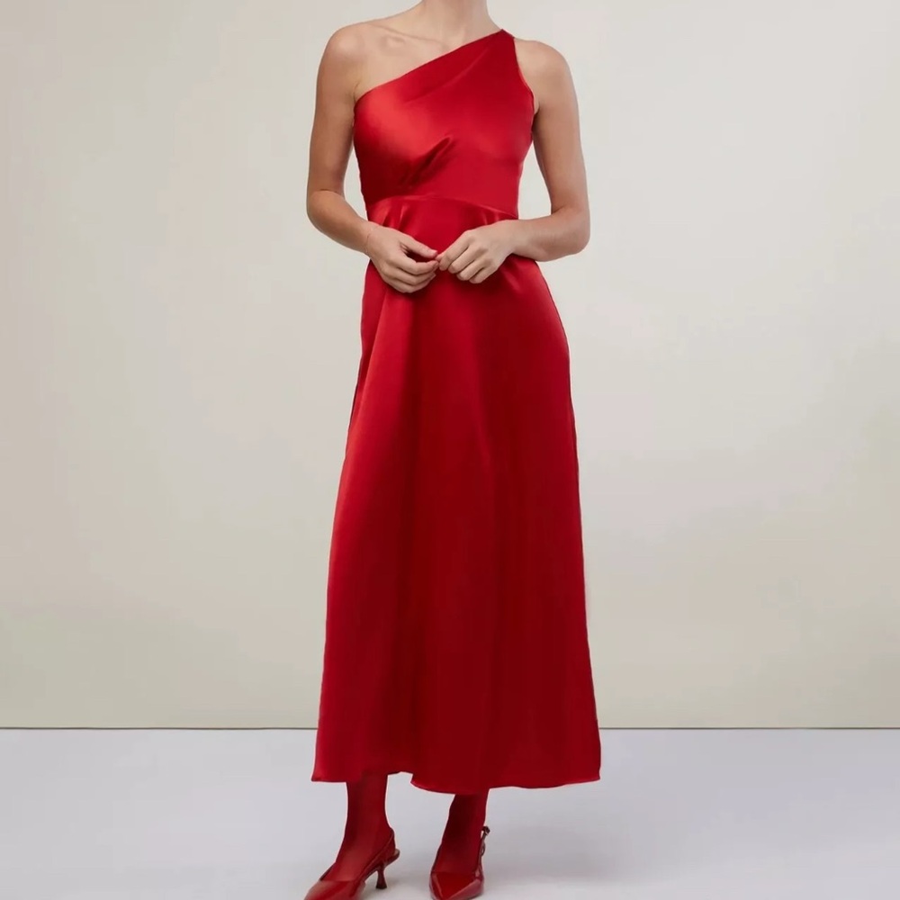 RACHEL Parcell ONE Shoulder Slit Midi Dress Silky Charmeuse ZQ7 Cherry Red 6 NWT